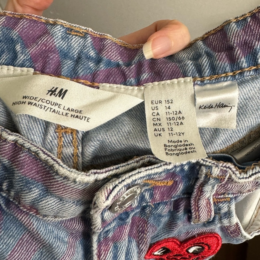 H&M X Keith Haring Pink Patterned Wide Leg High Waist Kids Jeans - Picture 5 of 6